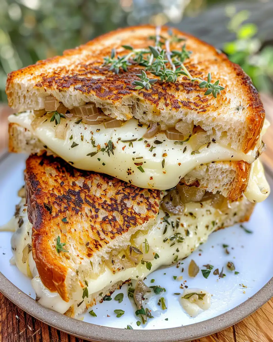 Close-up of French onion grilled cheese with melted cheese and caramelized onions
