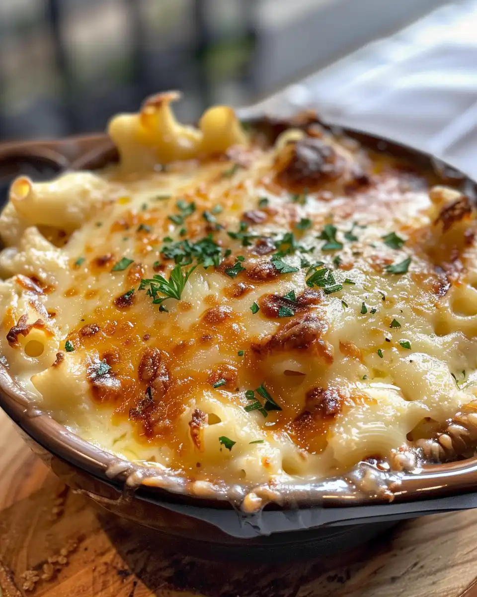 Finished French Onion Mac and Cheese with golden brown crust and toasted baguette