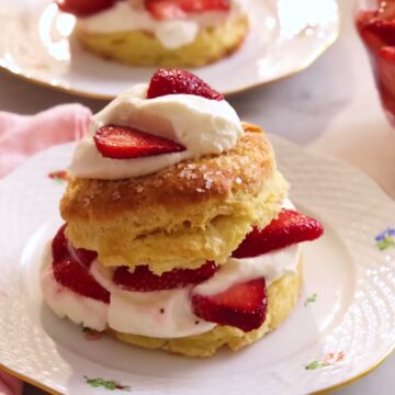 Side view of fresh strawberry shortcake ready to serve
