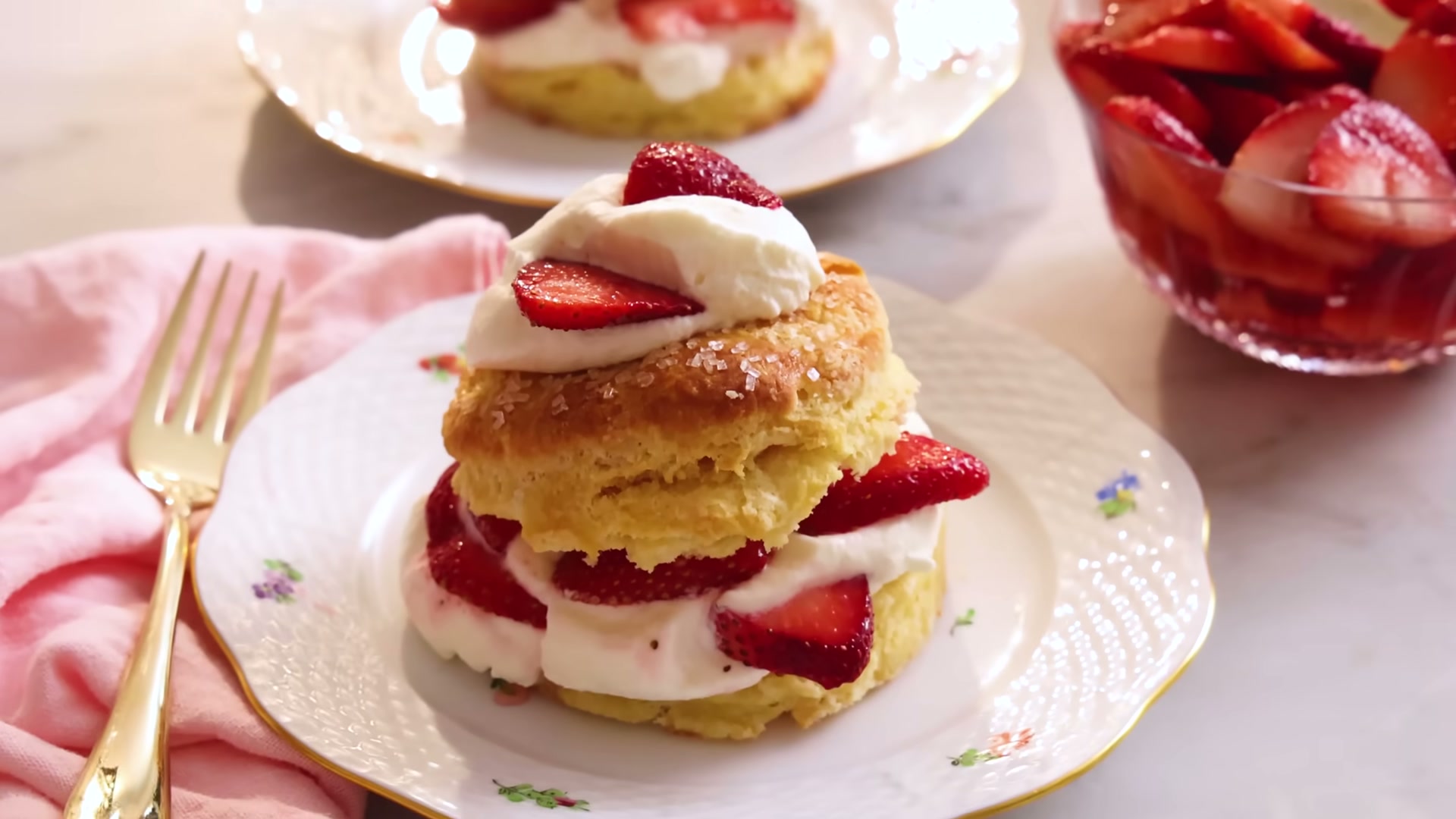 Side view of fresh strawberry shortcake ready to serve