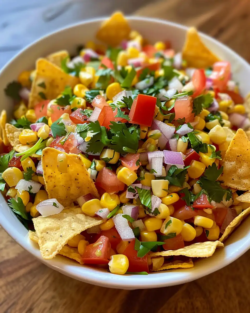 Final creamy corn salad with crushed corn chips for serving