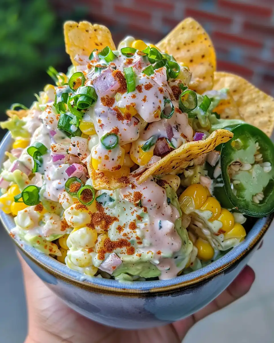 Close-up of Frito Corn Salad with creamy cheddar and corn chips