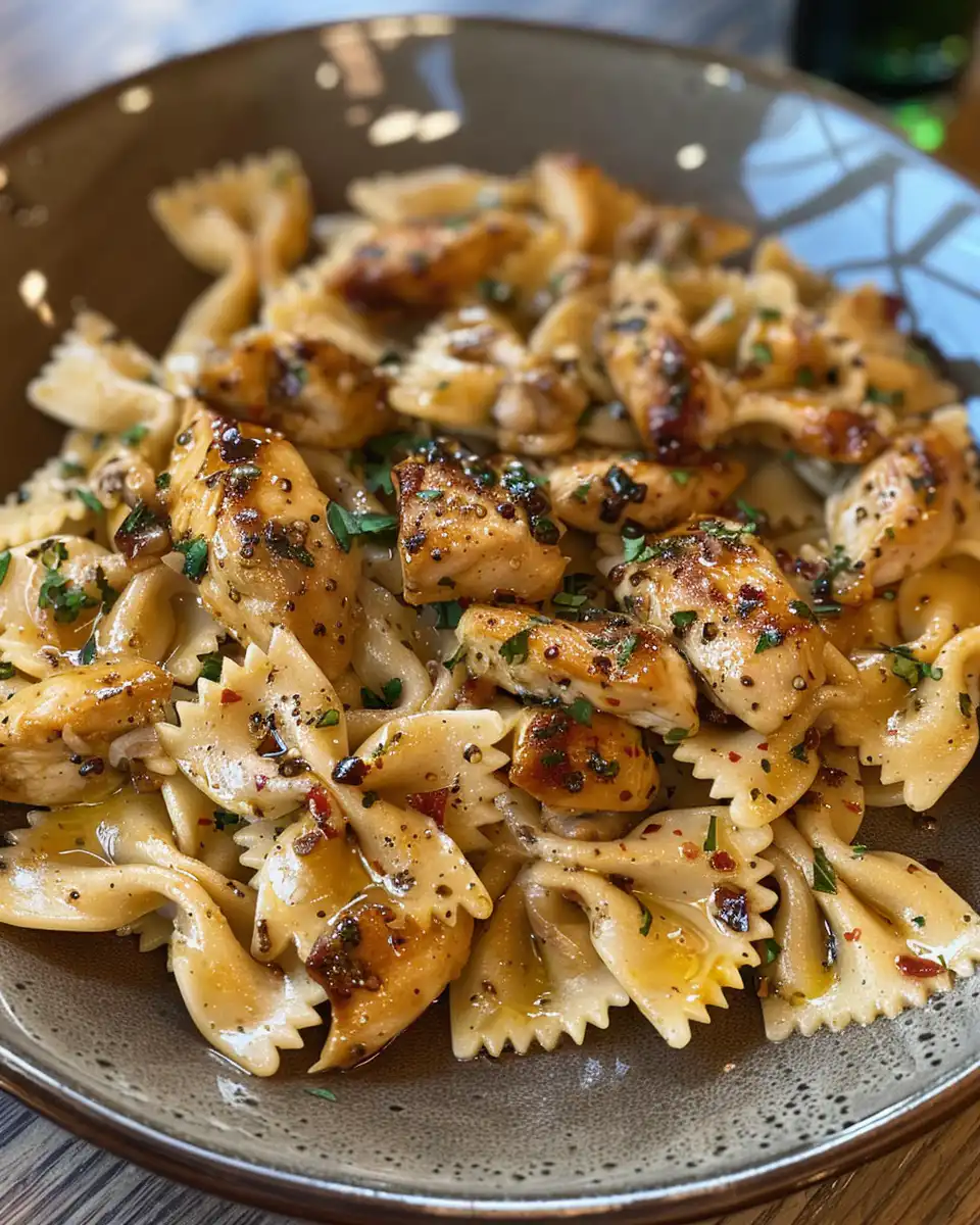 Creamy Garlic Butter Chicken Bowtie Pasta ready to enjoy