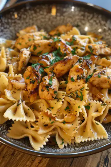 Garlic Butter Chicken Bowtie Pasta taken with iphone 15 pro max --iw 2 --ar 4:5 --v 6.0 --raw
