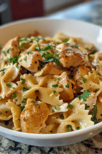 Garlic Butter Chicken Bowtie Pasta taken with iphone 15 pro max --iw 2 --ar 4:5 --v 6.0 --raw