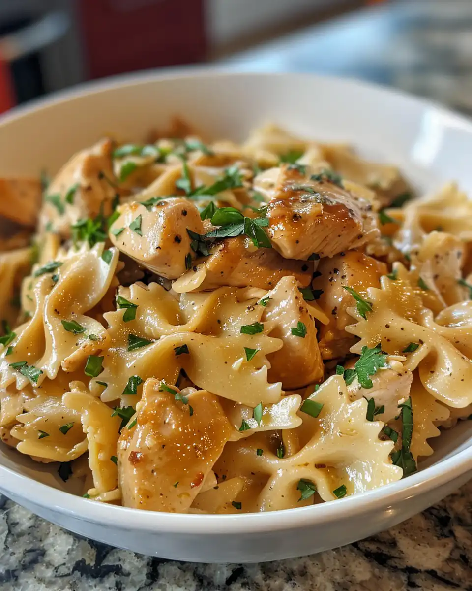 Garlic butter chicken and bowtie pasta cooking in pressure cooker