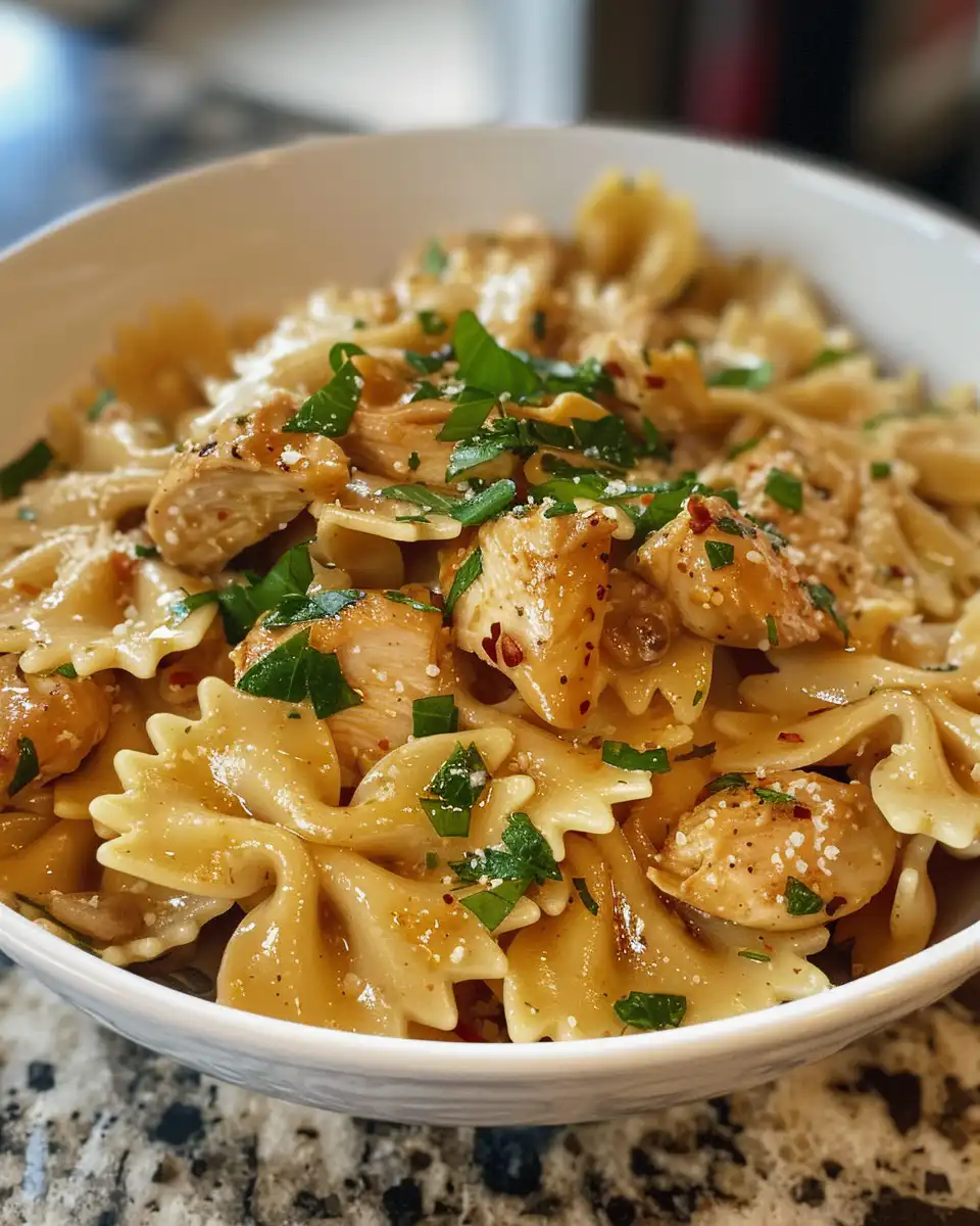 Mixing creamy sauce with bowtie pasta and cooked chicken in skillet