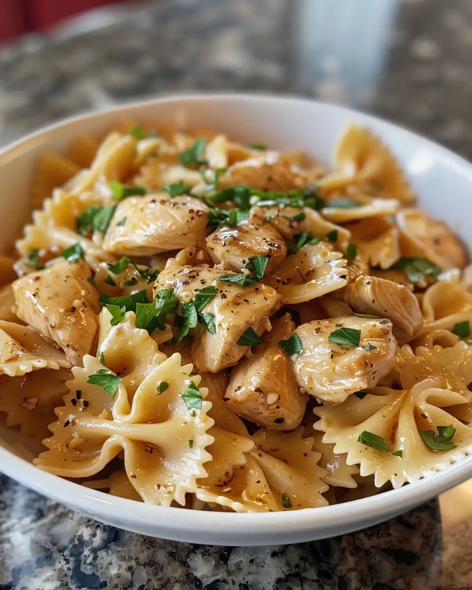 Final served plate of garlic butter chicken bowtie pasta with cheese