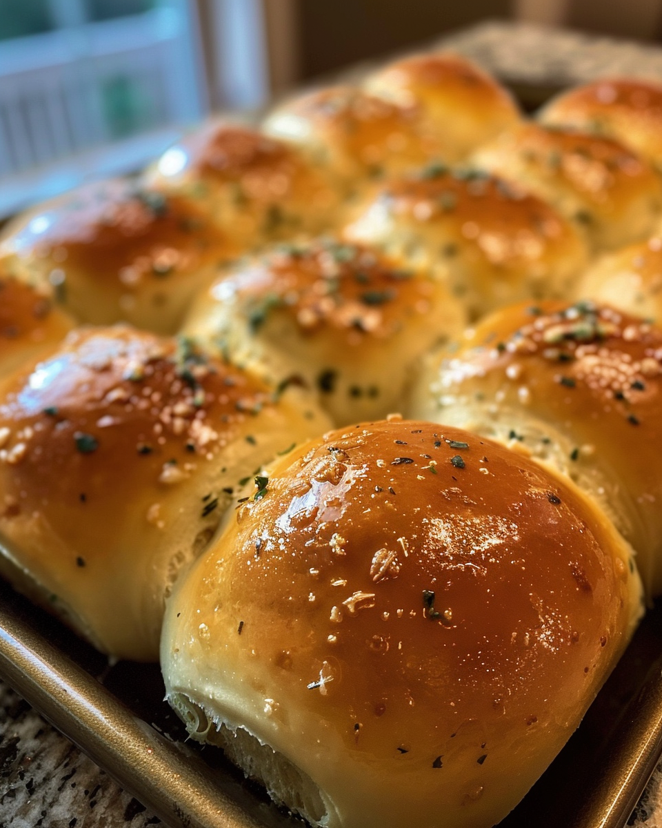 Serve garlic butter dinner rolls warm with butter melted on top