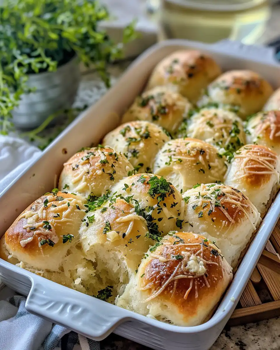 Freshly baked garlic butter dinner rolls in a batch