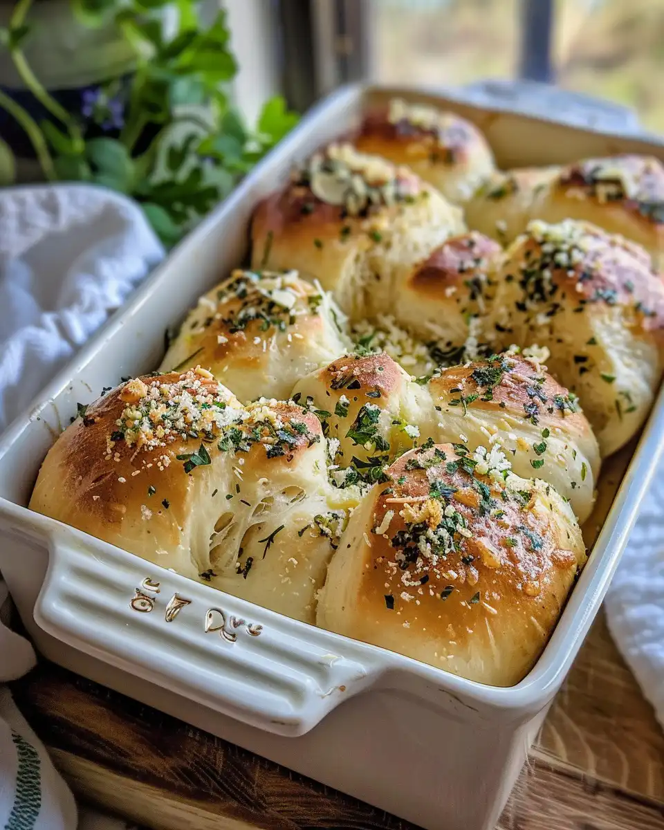 Served garlic butter dinner rolls on a plate ready to eat