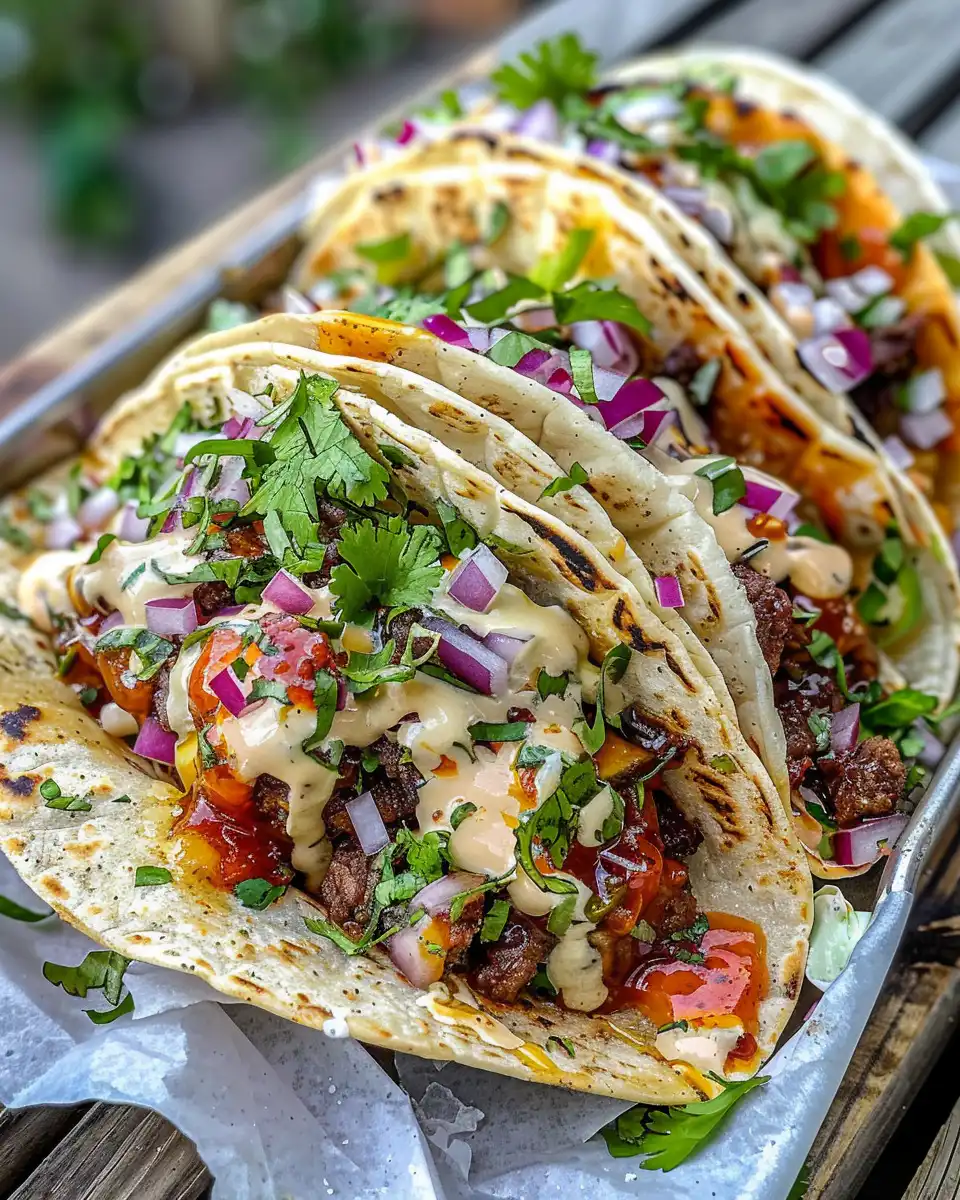 Close-up of plated garlic butter honey BBQ beef tacos with golden fries