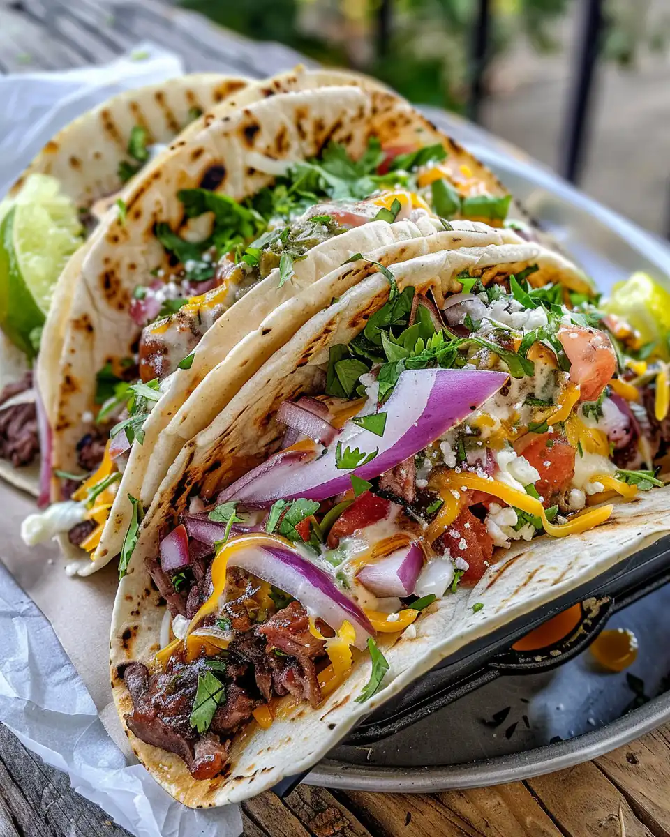 Garlic butter honey BBQ beef tacos in warm tortillas with fresh toppings