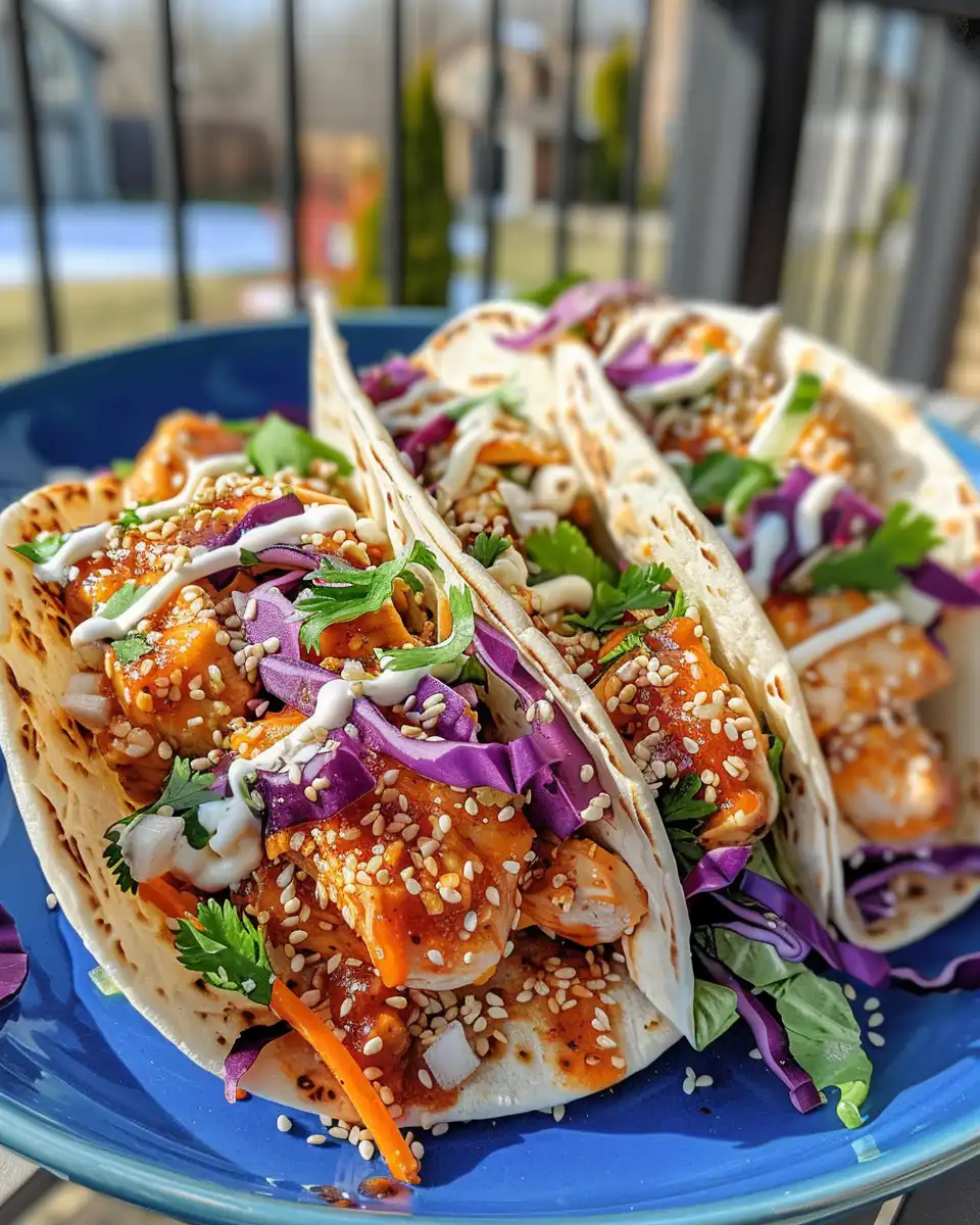 Finished honey garlic chicken tacos plated and ready to serve