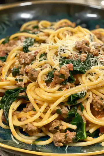 Garlic Butter Spaghetti with Cheesy Italian Sausage and Spinach taken with iphone 15 pro max --iw 2 --ar 4:5 --v 6.0 --raw