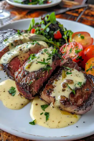 Garlic Butter Steak with Parmesan Cream Sauce taken with iphone 15 pro max --iw 2 --ar 4:5 --v 6.0 --raw