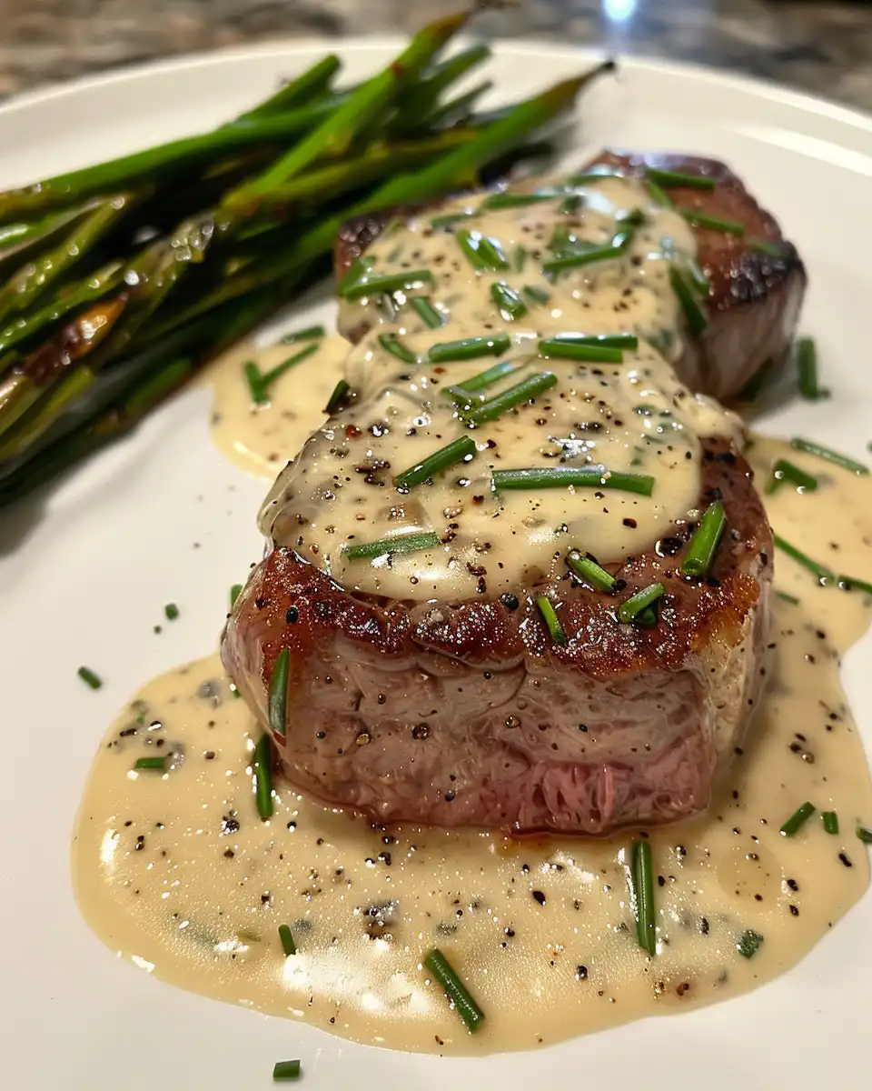 Plated garlic butter steak bites with parmesan cream sauce over mashed potatoes