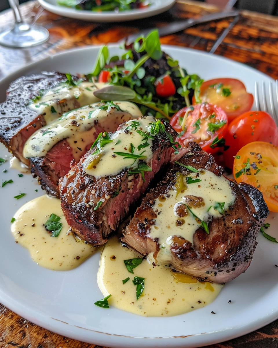 Garlic butter steak with Parmesan cream sauce sizzling in skillet