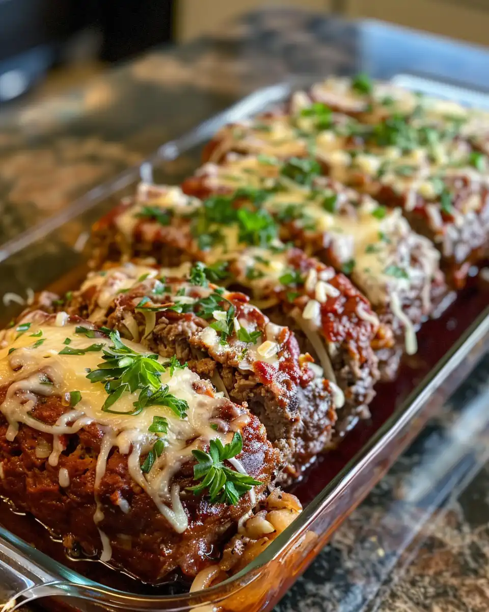 Sliced and plated Chicken Parmesan Meatloaf showing tender texture and melted cheese