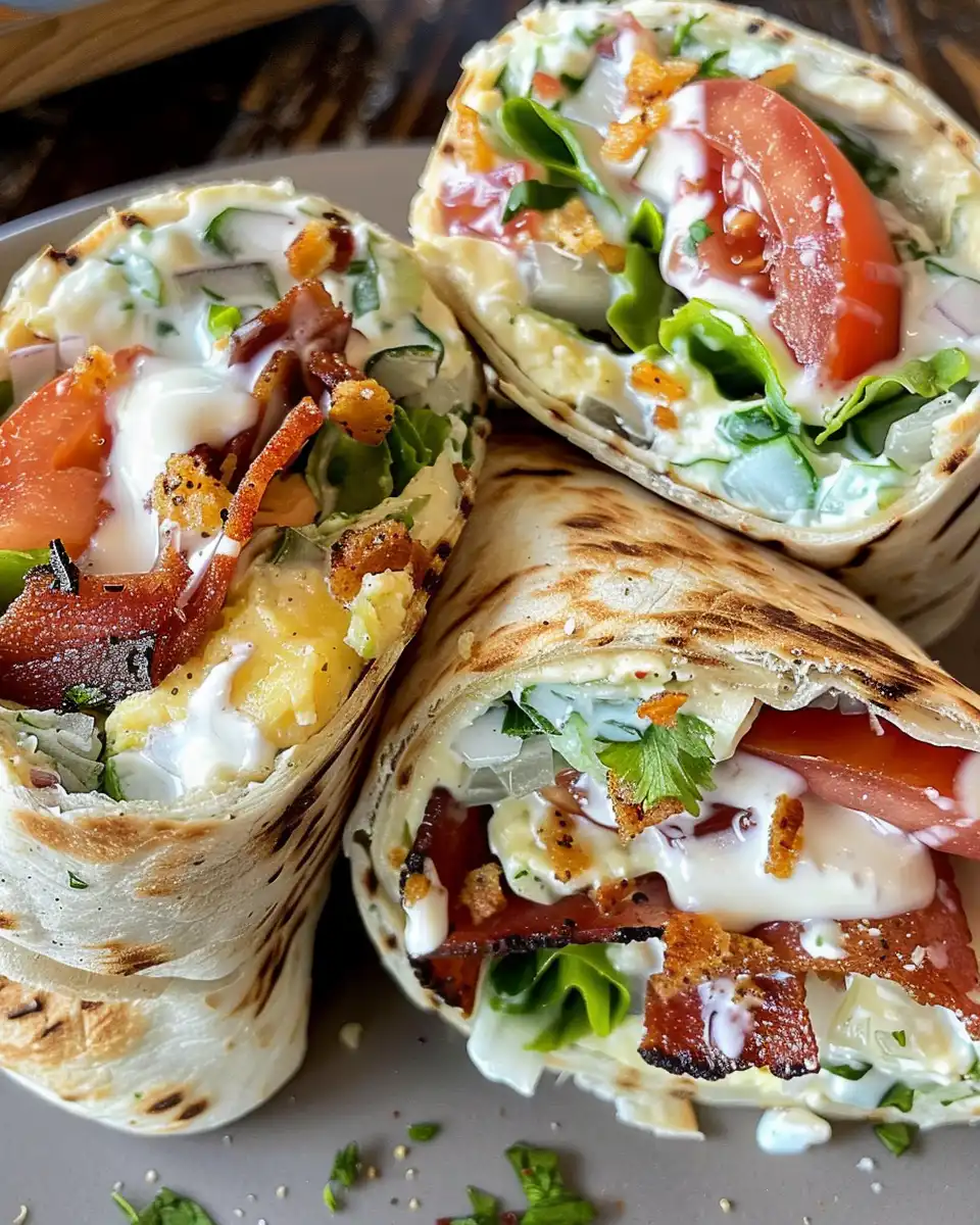 Close-up of freshly sliced grilled BLT wrap with melty cheese and crispy bacon