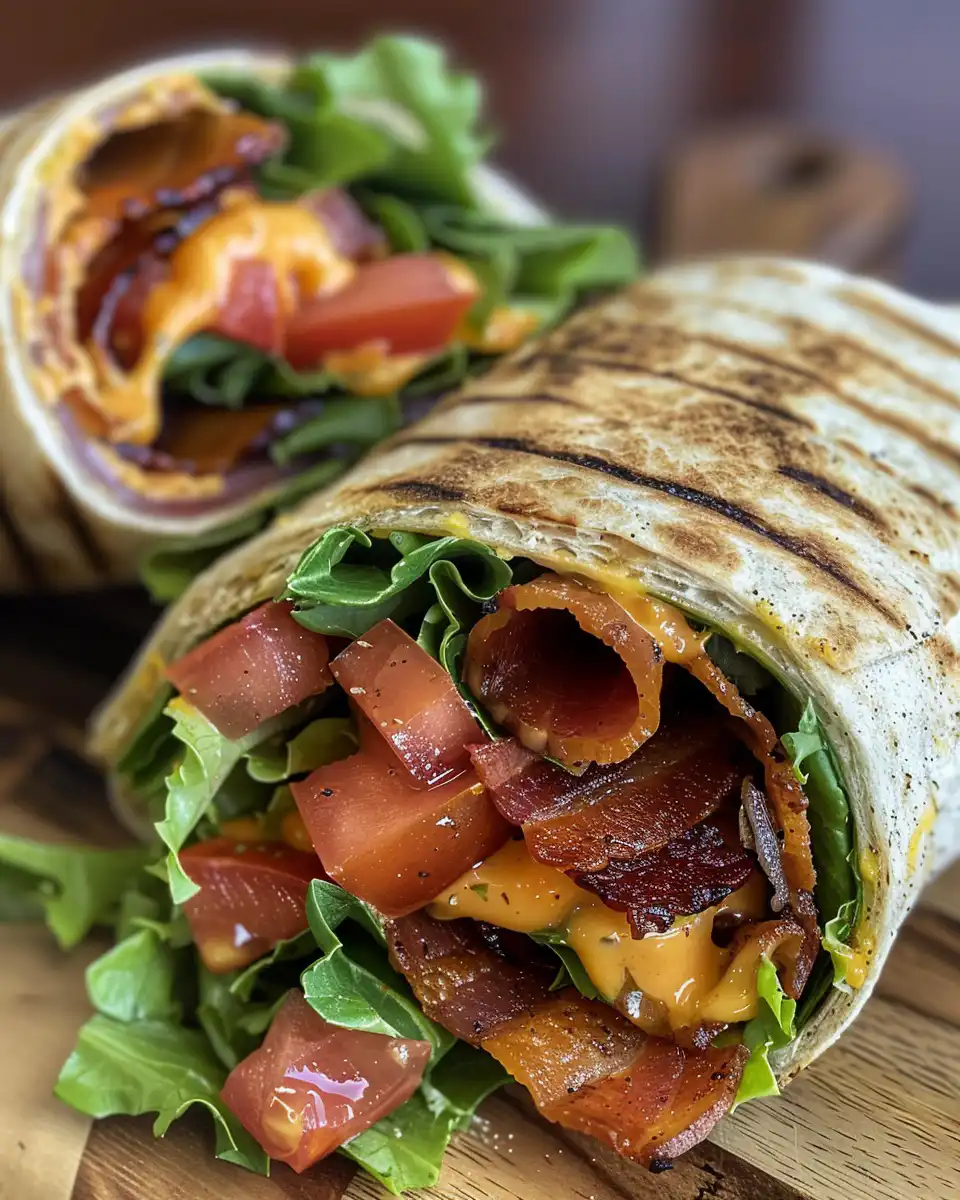 Ingredients for grilled BLT wraps including fresh lettuce tomato and cooked bacon