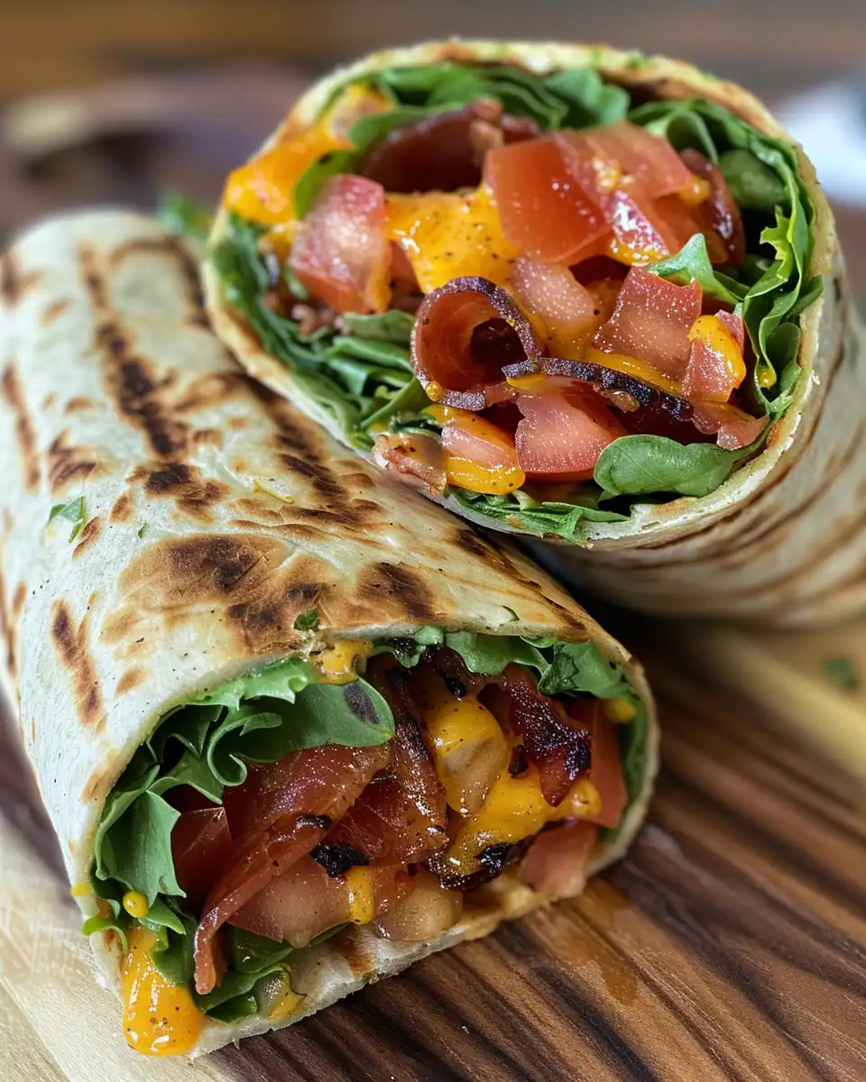 Golden grilled BLT wrap served on a plate ready to eat