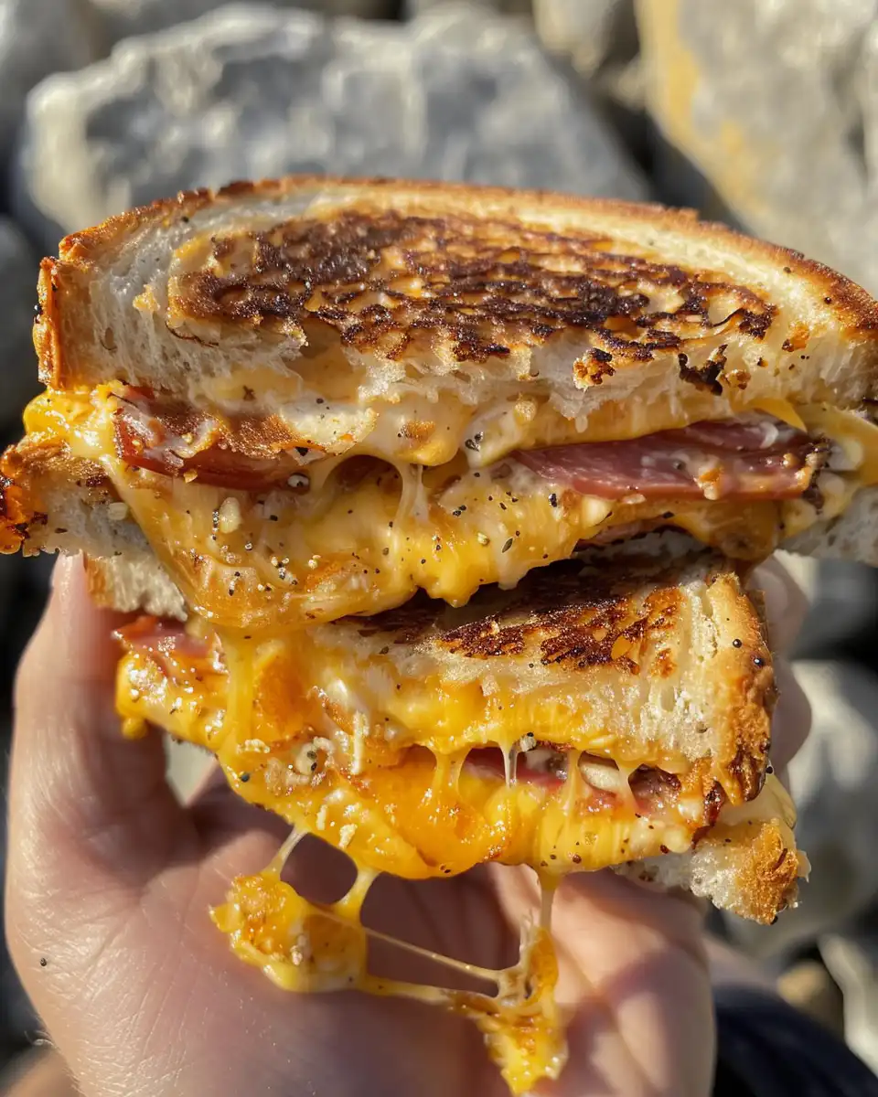 Close up of golden crispy grilled cheese chaffle with melty cheese inside