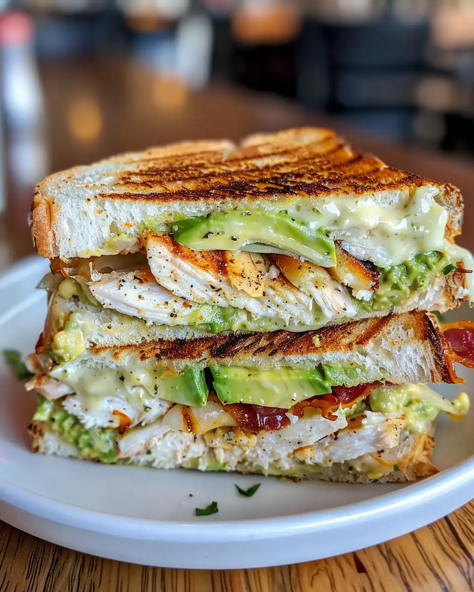 Grilled chicken avocado melt sandwich sliced and ready to serve