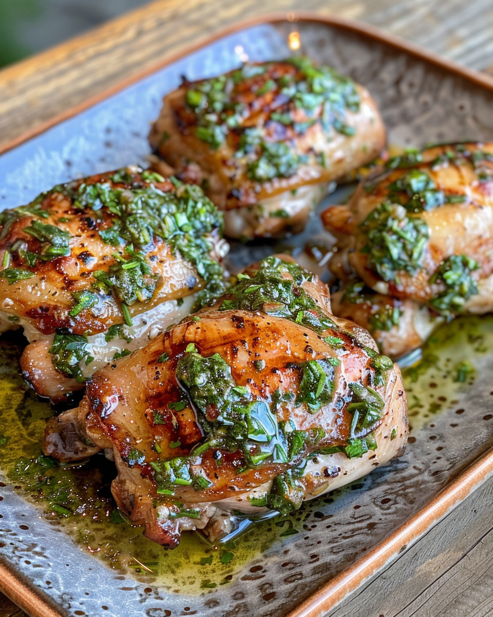 Juicy grilled chicken thighs resting before serving