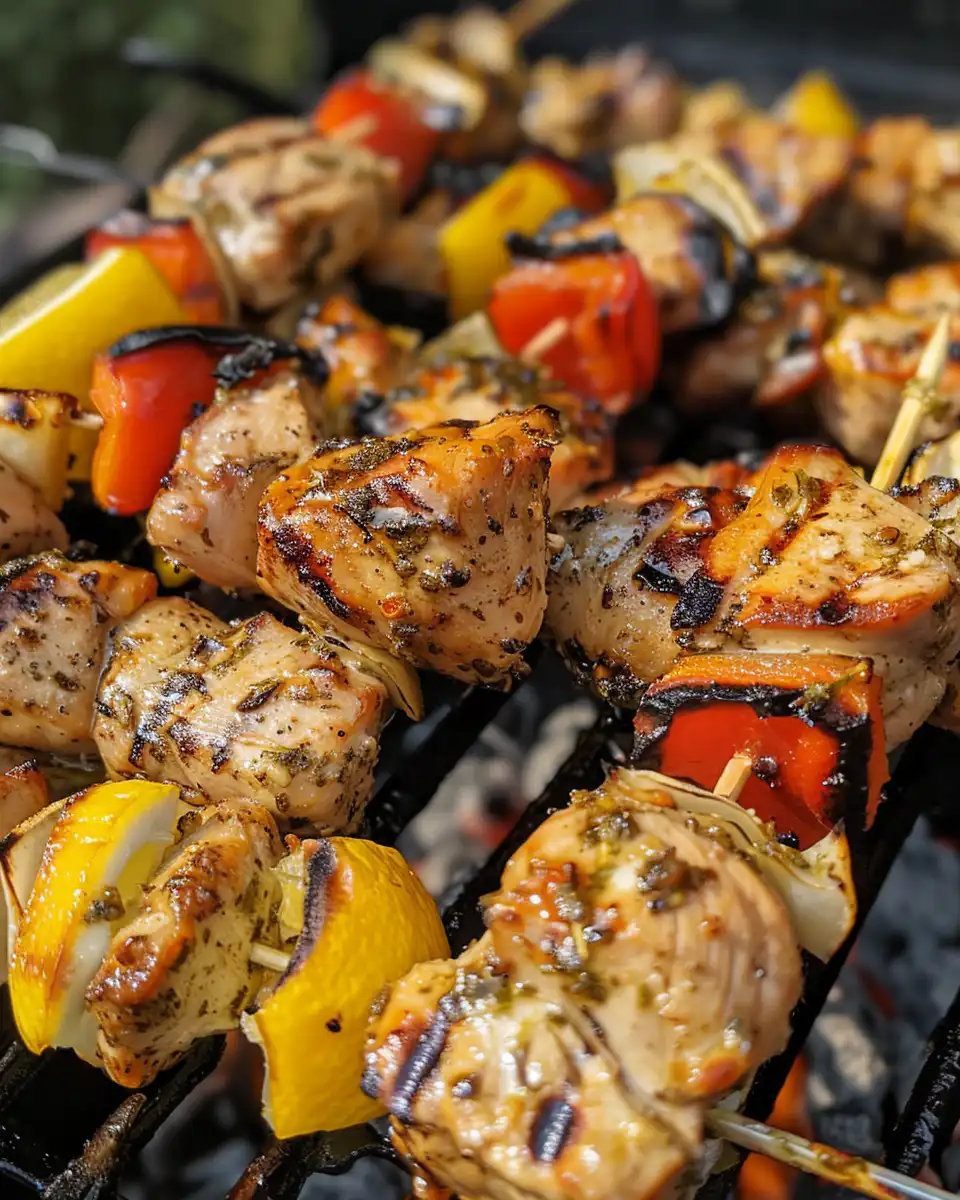 Finished grilled lemon garlic chicken skewers served on a plate