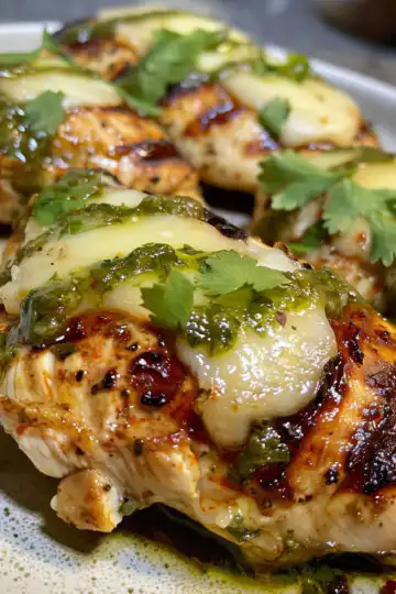 Grilled Salsa Verde Pepper Jack Chicken taken with iphone 15 pro max --iw 2 --ar 4:5 --v 6.0 --raw