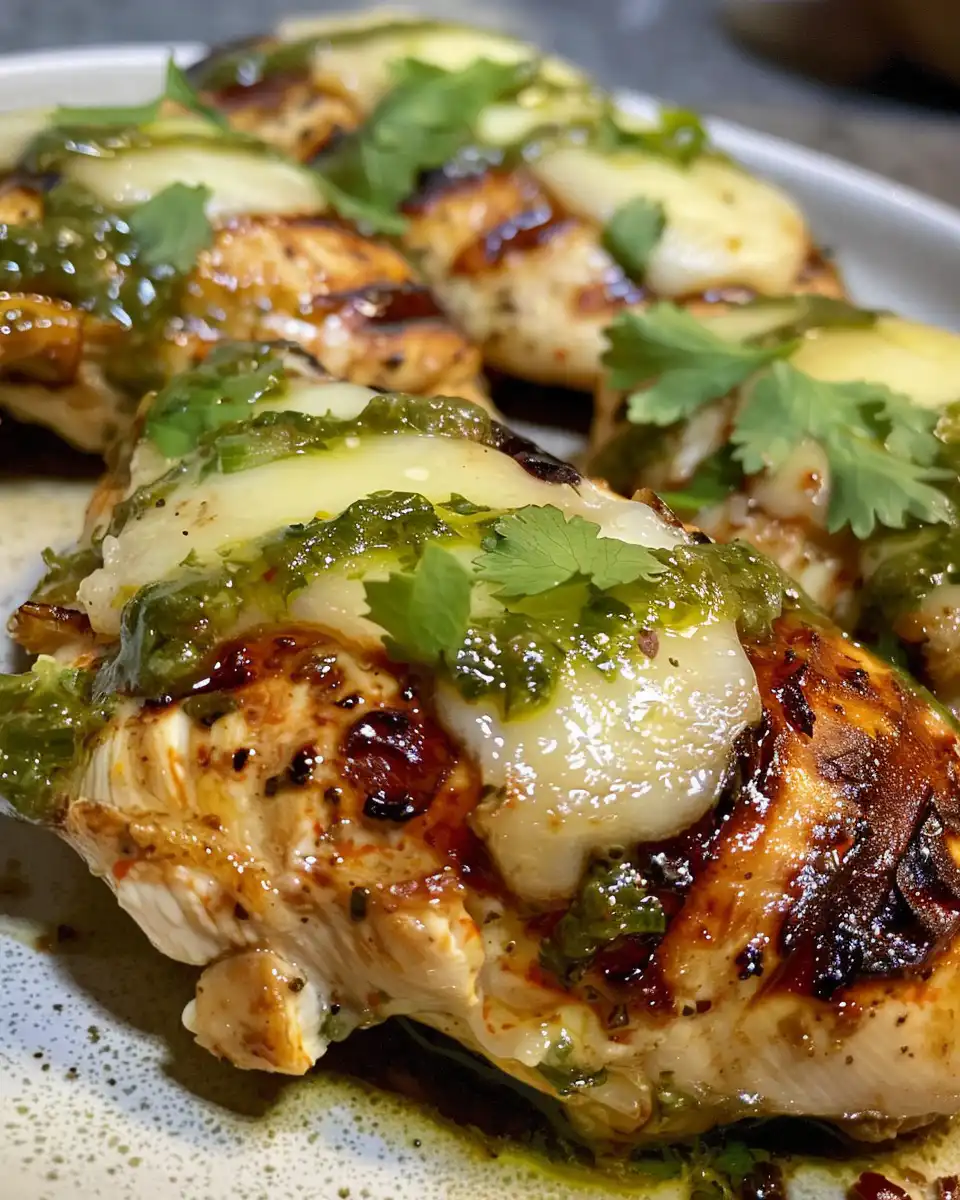 Fresh grilled salsa verde pepper jack chicken on a plate