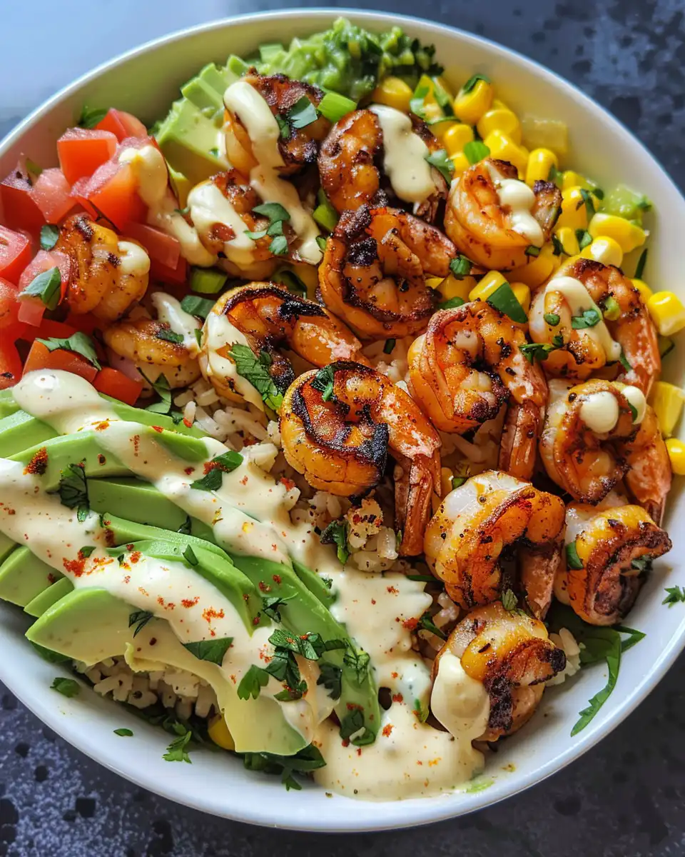Ingredients for shrimp bowl with diced avocado and corn salsa