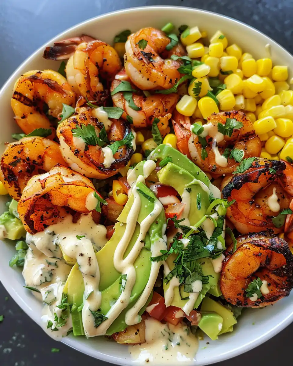 Assembled shrimp bowl with creamy garlic sauce drizzled