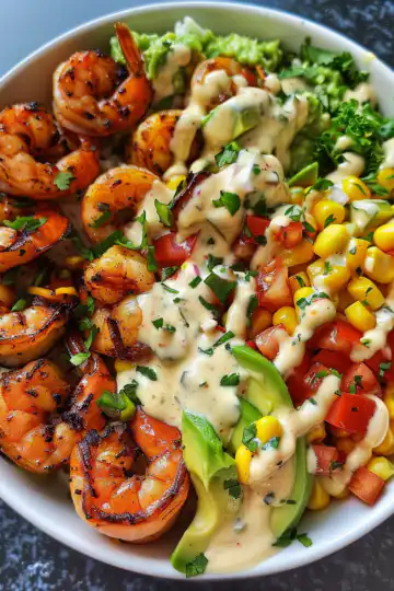Grilled Shrimp Bowl with Avocado Corn Salsa and Creamy Garlic Sauce taken with iphone 15 pro max --iw 2 --ar 4:5 --v 6.0 --raw