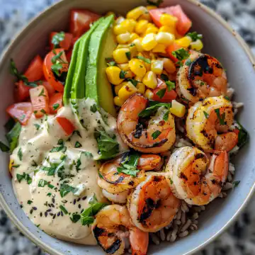 Grilled Shrimp Bowl with Avocado Corn Salsa and Creamy Garlic Sauce taken with iphone 15 pro max --iw 2 --ar 4:5 --v 6.0 --raw