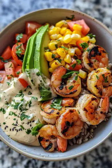 Grilled Shrimp Bowl with Avocado Corn Salsa and Creamy Garlic Sauce taken with iphone 15 pro max --iw 2 --ar 4:5 --v 6.0 --raw