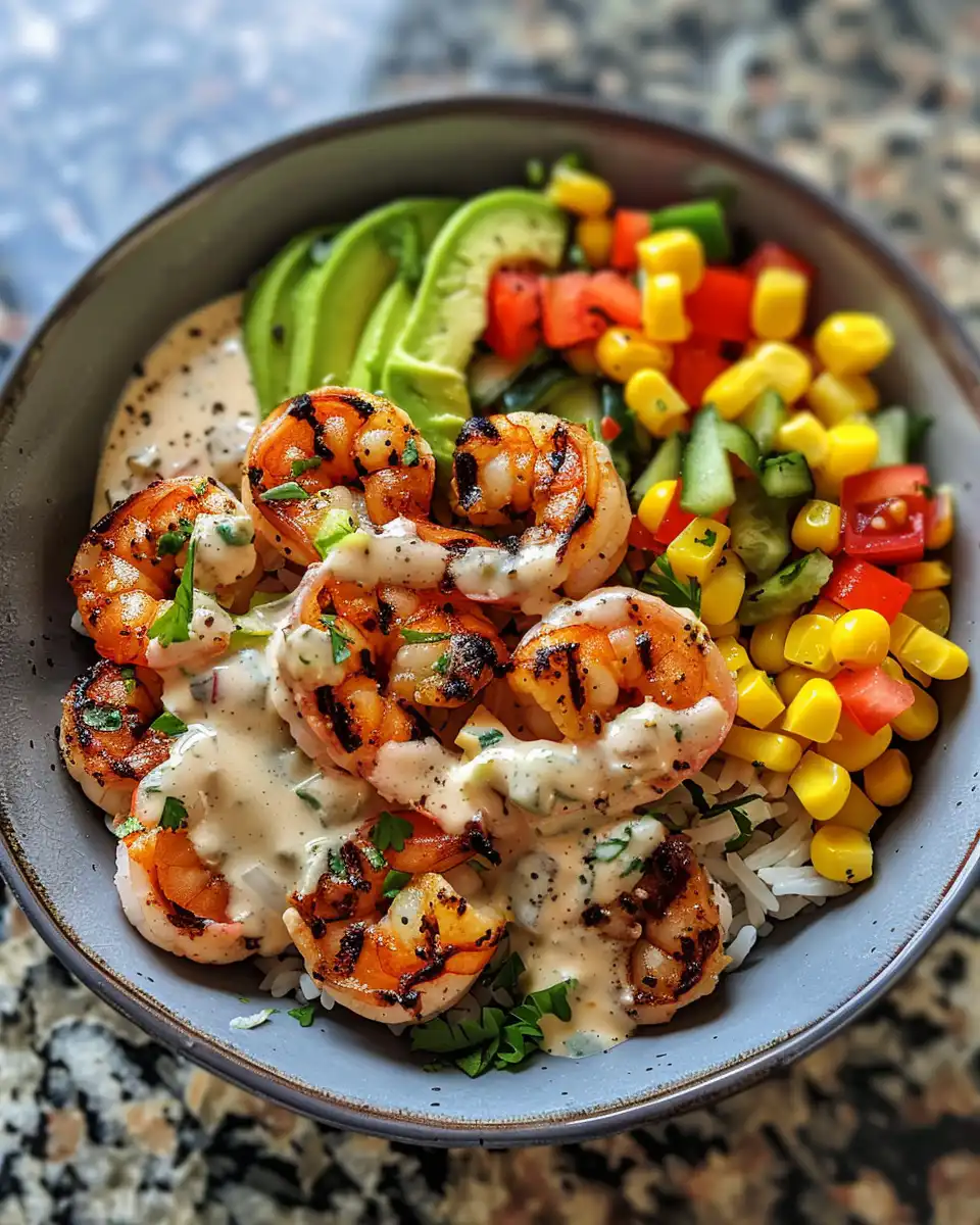 Fresh ingredients for grilled shrimp bowl preparation including avocado and corn salsa