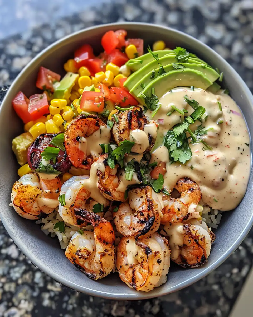 Finished grilled shrimp bowl served and ready to enjoy