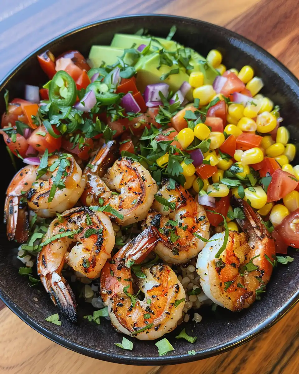 Served grilled shrimp bowl with creamy garlic sauce and avocado salsa
