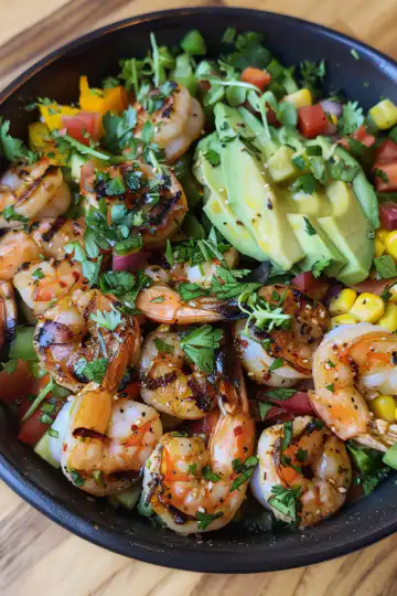 Grilled Shrimp Bowl with Avocado Corn Salsa taken with iphone 15 pro max --iw 2 --ar 4:5 --v 6.0 --raw