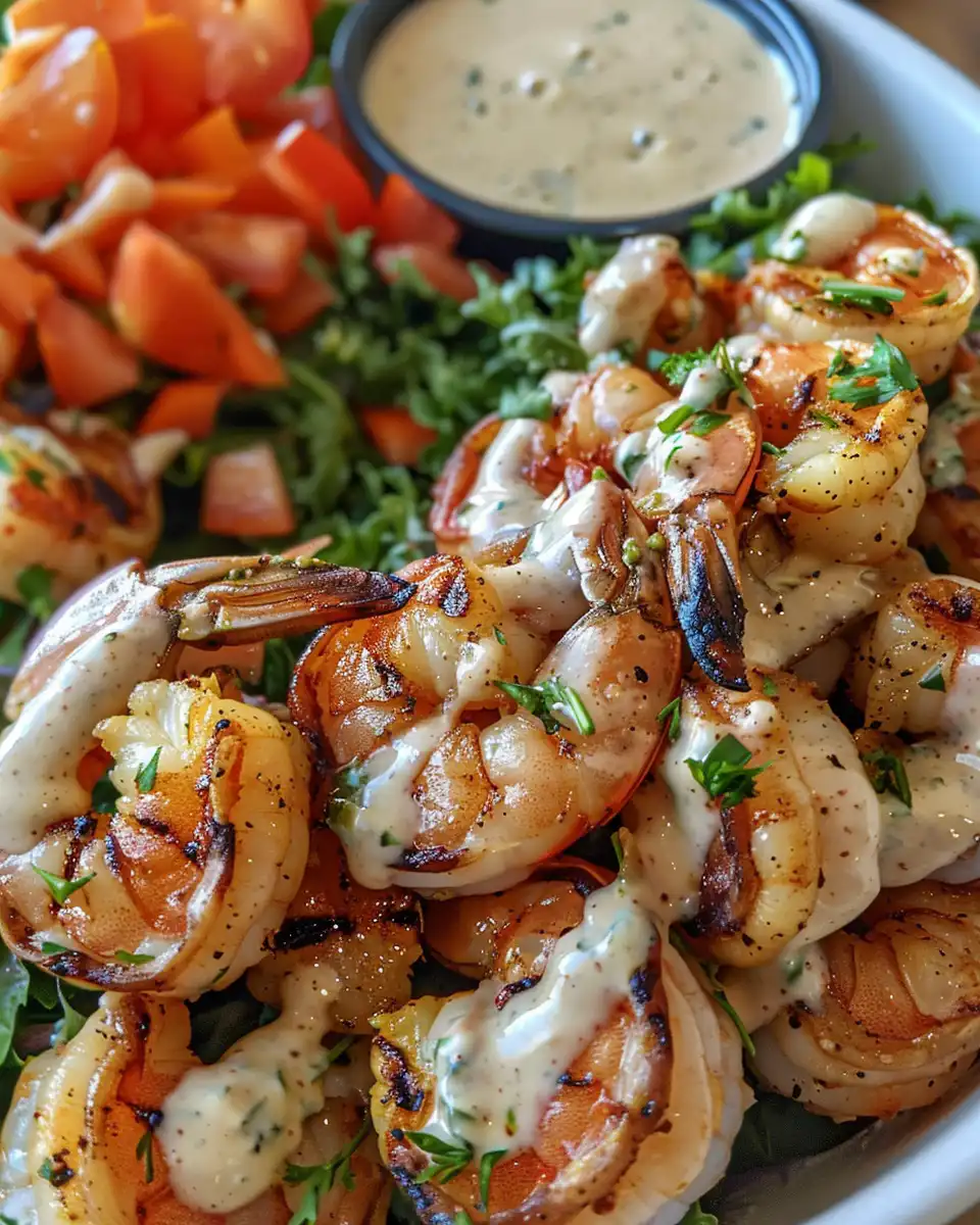 Ingredients for grilled shrimp bowls with fresh veggies and creamy garlic sauce