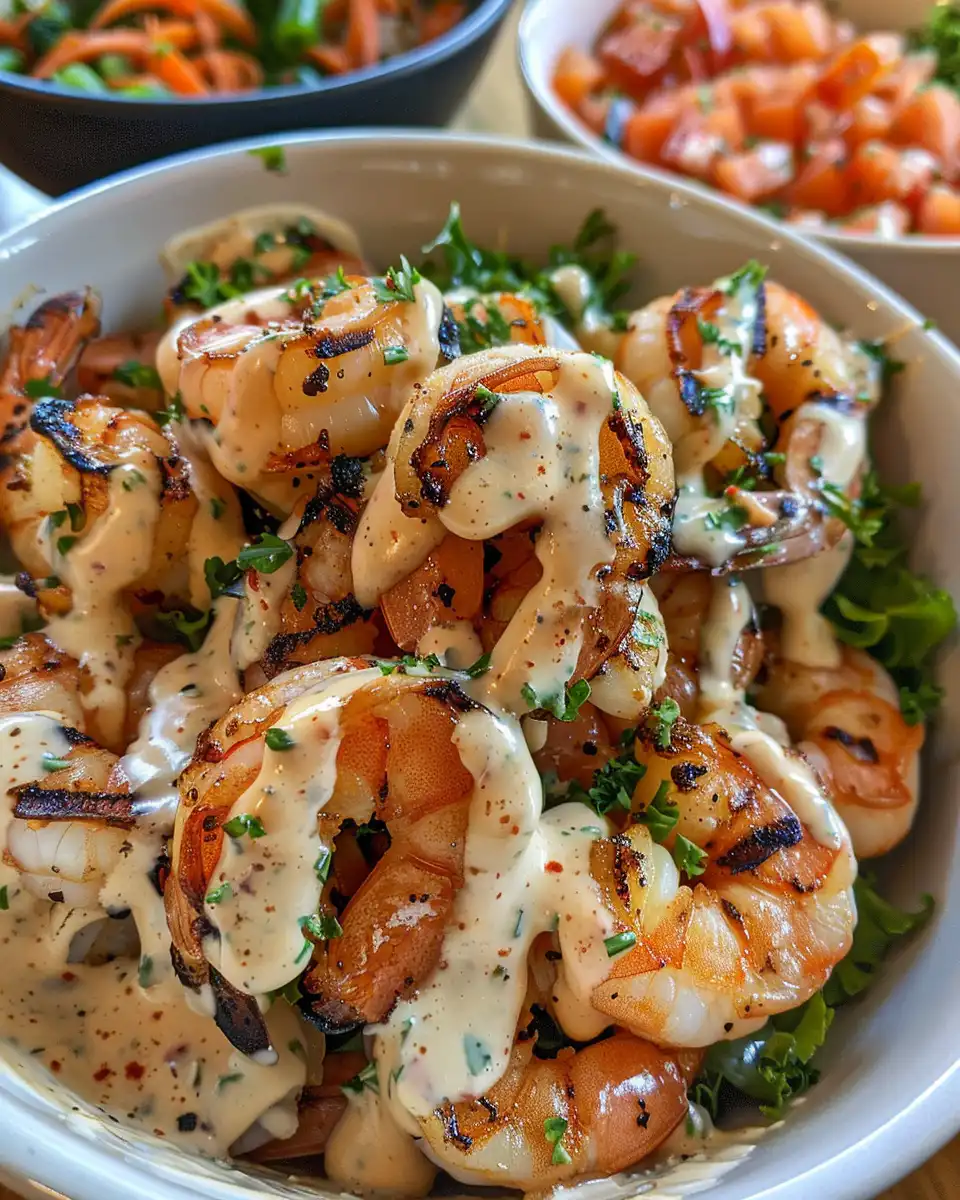 Close-up of finished grilled shrimp bowl with creamy garlic sauce drizzle