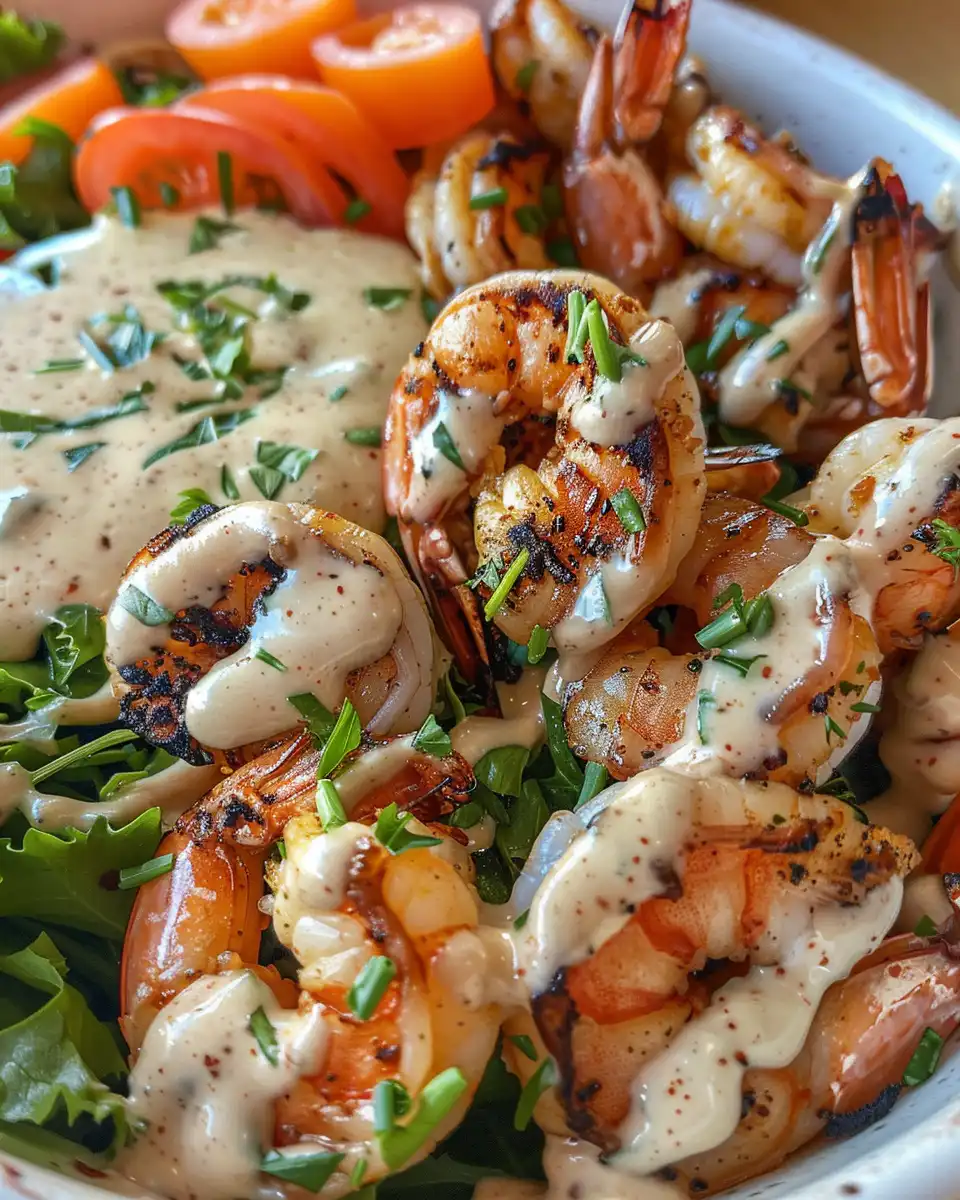 Grilled shrimp bowls with creamy garlic sauce fresh and ready to serve