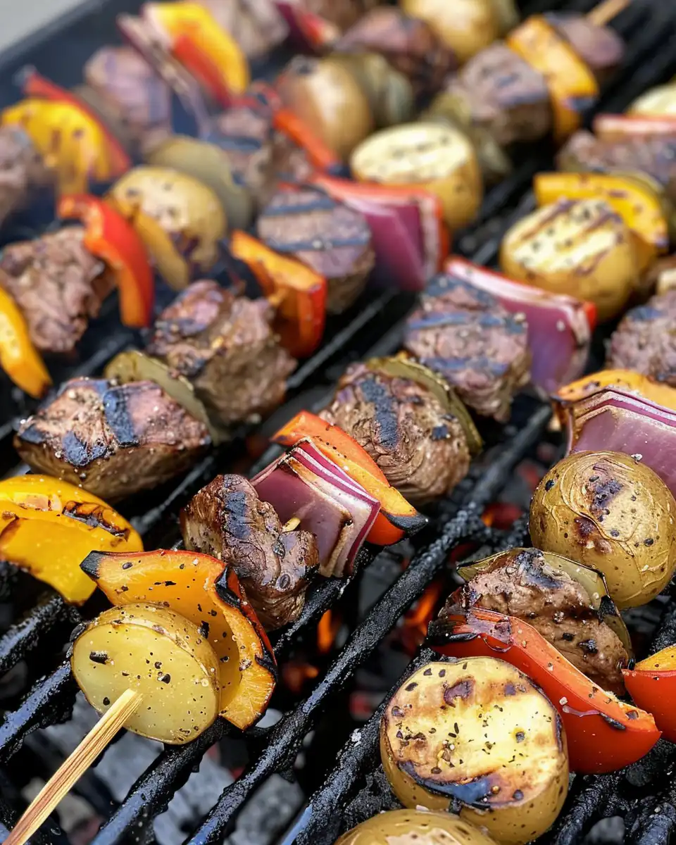 Fresh ingredients for grilled steak kabobs with potatoes and veggies
