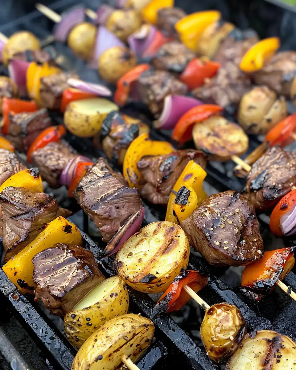 Plated grilled steak and potato kabobs ready to serve