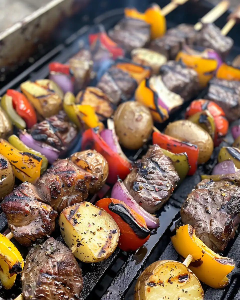 Grilled steak and baby potato kabobs sizzling on the grill