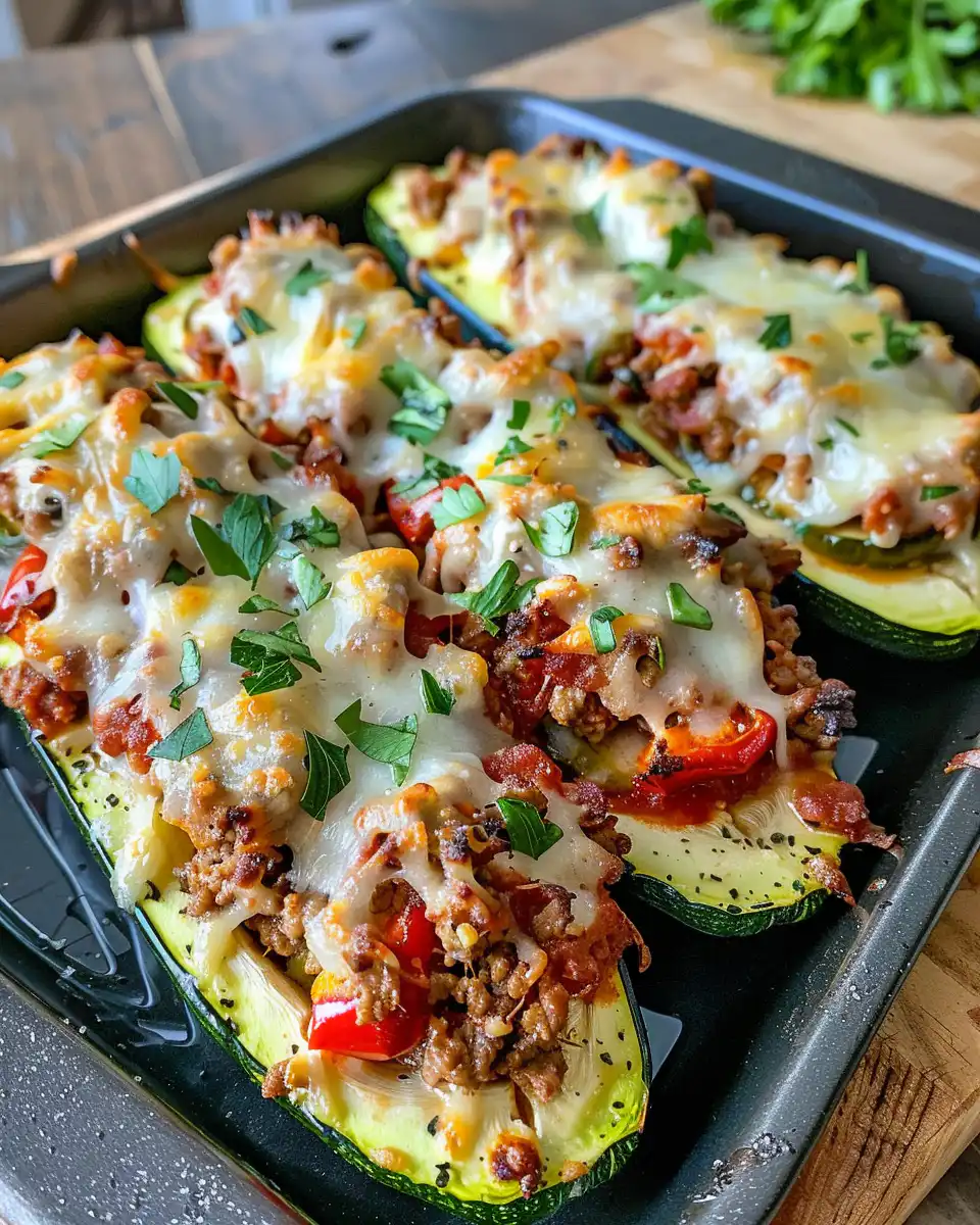 Cheesy baked zucchini boats with ground beef and herbs