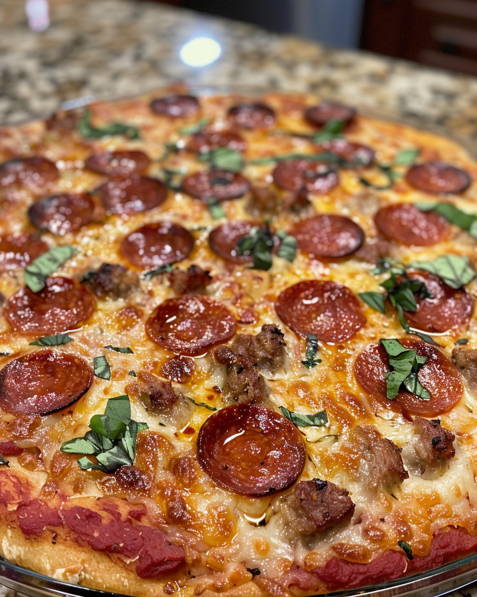 Ingredients for hamburger, sausage, and pepperoni pie arranged for pressure cooking