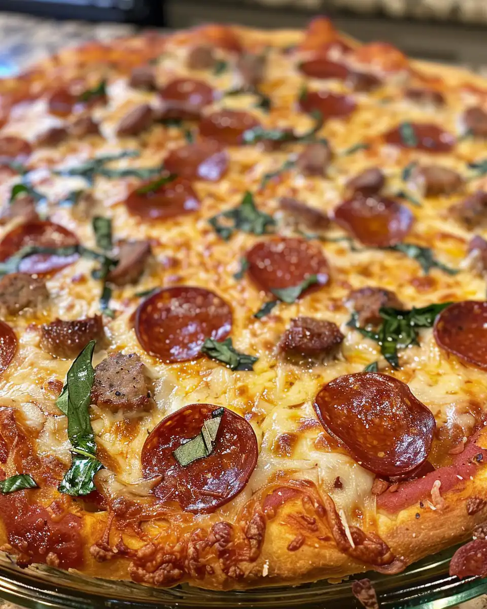 Golden crust and cheesy filling of pressure cooker hamburger, sausage, and pepperoni pie